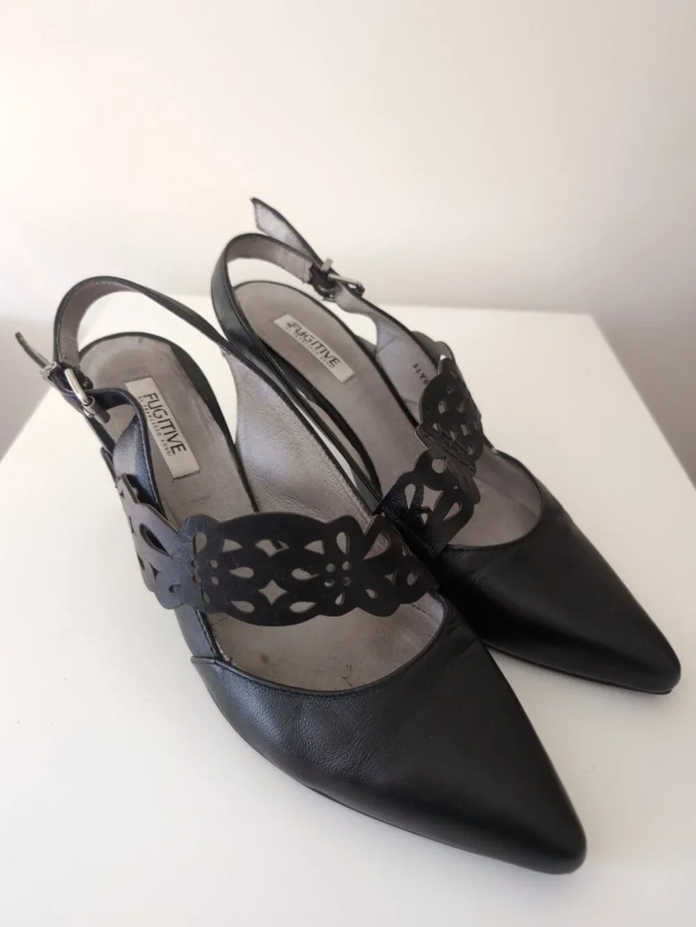 Fugitive by Francesco Rossi Black Leather Slingback Heels Size 38 - Picture 2 of 11